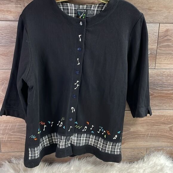 Onque Casuals Ladies Black Cardigan,Size Small,Embroidered Musical Notes,Vintage - Picture 3 of 8